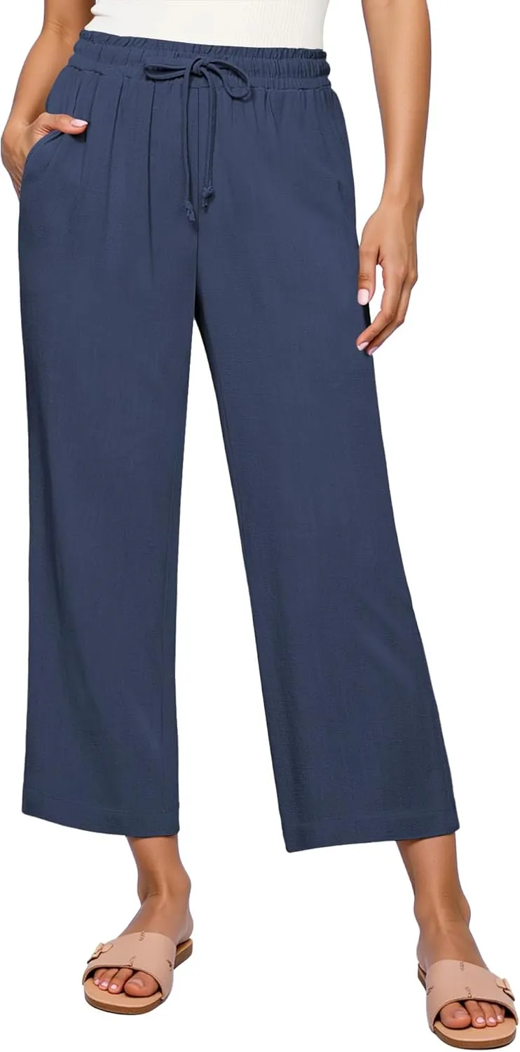 GRAPENT Linen Pants for Women High Waisted Wide Leg Capri Elastic Waist Casual Beach Flowy Cropped Summer Capris Pants