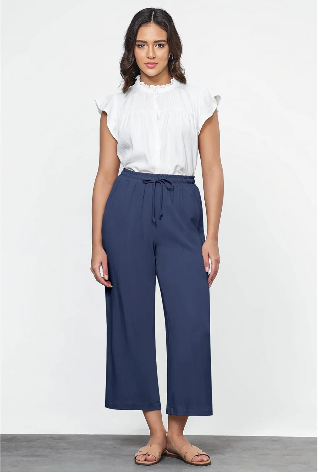 GRAPENT Linen Pants for Women High Waisted Wide Leg Capri Elastic Waist Casual Beach Flowy Cropped Summer Capris Pants