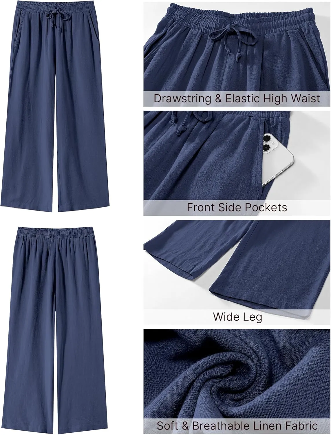 GRAPENT Linen Pants for Women High Waisted Wide Leg Capri Elastic Waist Casual Beach Flowy Cropped Summer Capris Pants