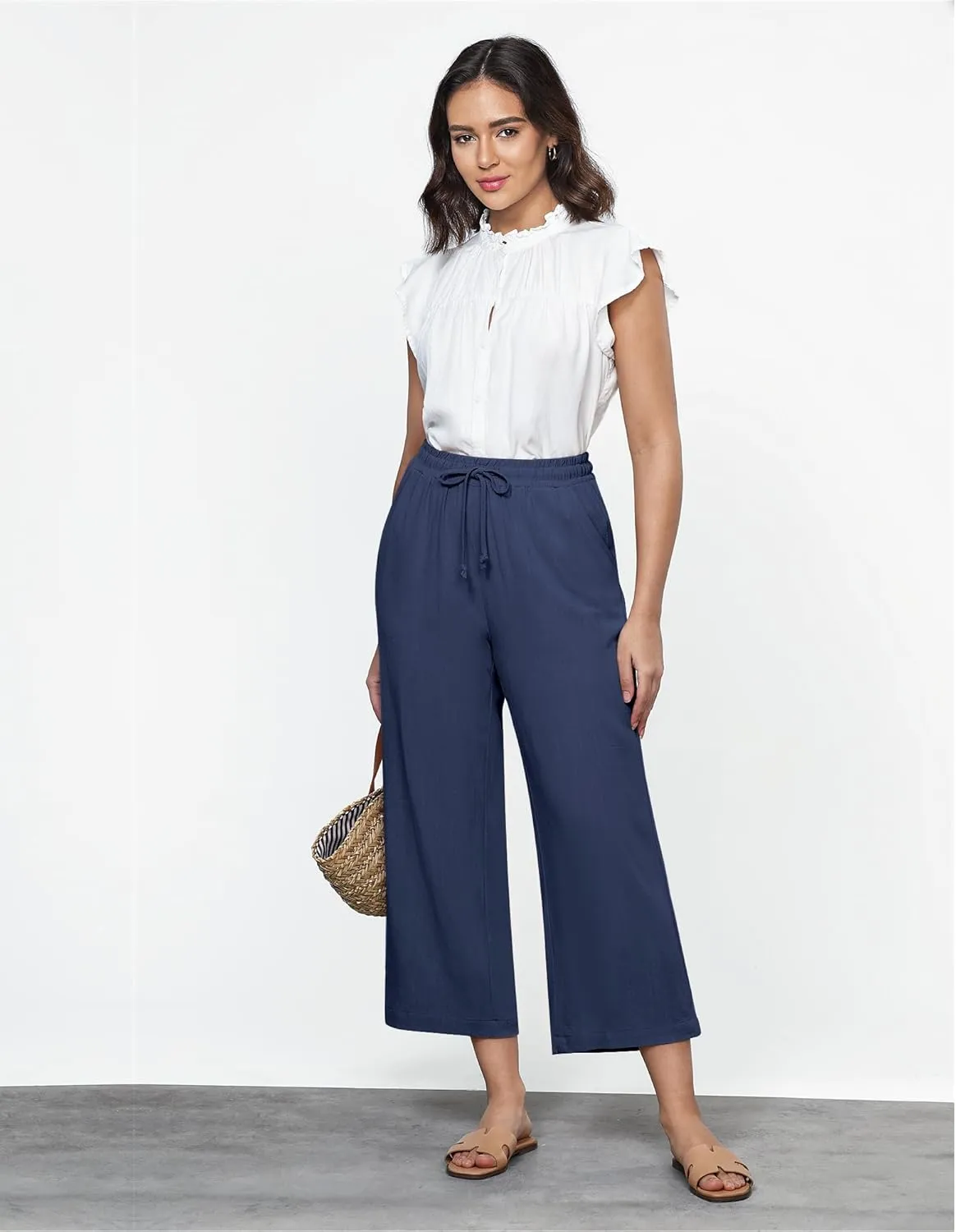 GRAPENT Linen Pants for Women High Waisted Wide Leg Capri Elastic Waist Casual Beach Flowy Cropped Summer Capris Pants