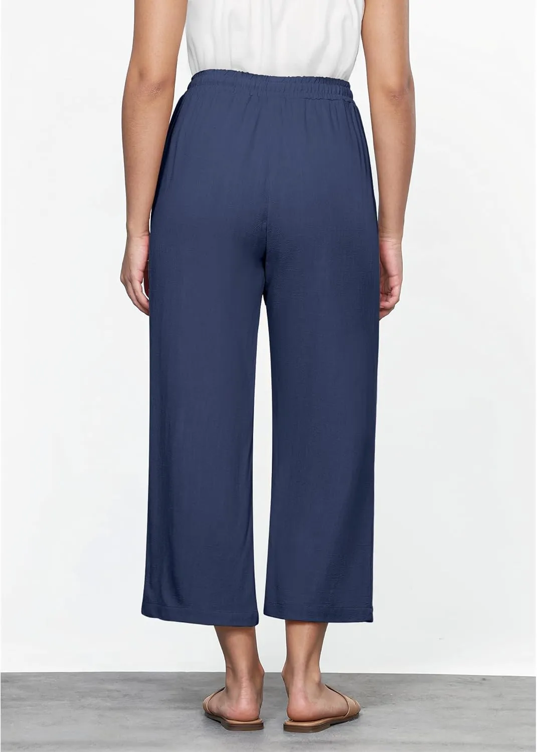 GRAPENT Linen Pants for Women High Waisted Wide Leg Capri Elastic Waist Casual Beach Flowy Cropped Summer Capris Pants