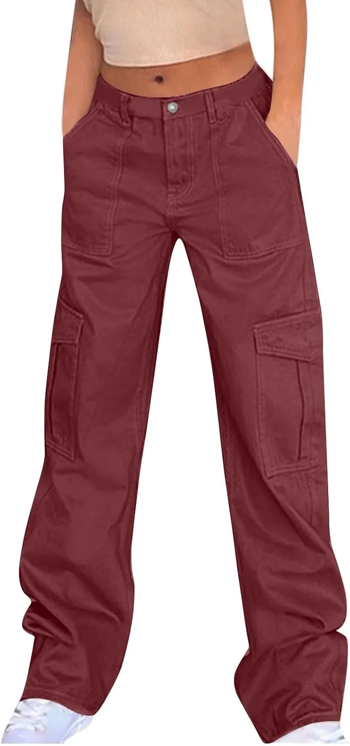 High Waist Stretch Cargo Pants for Women Baggy Multiple Pockets Relaxed Fit Trousers Straight Wide Leg Y2K Streetwear