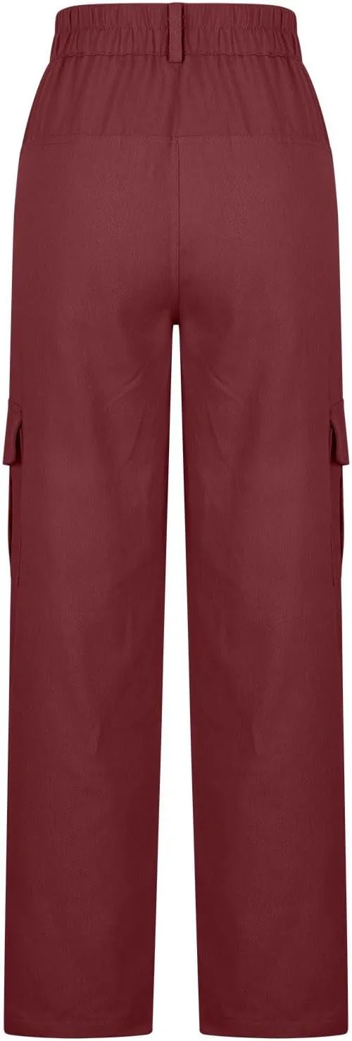 High Waist Stretch Cargo Pants for Women Baggy Multiple Pockets Relaxed Fit Trousers Straight Wide Leg Y2K Streetwear
