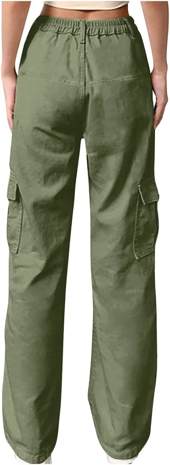 High Waist Stretch Cargo Pants for Women Baggy Multiple Pockets Relaxed Fit Trousers Straight Wide Leg Y2K Streetwear
