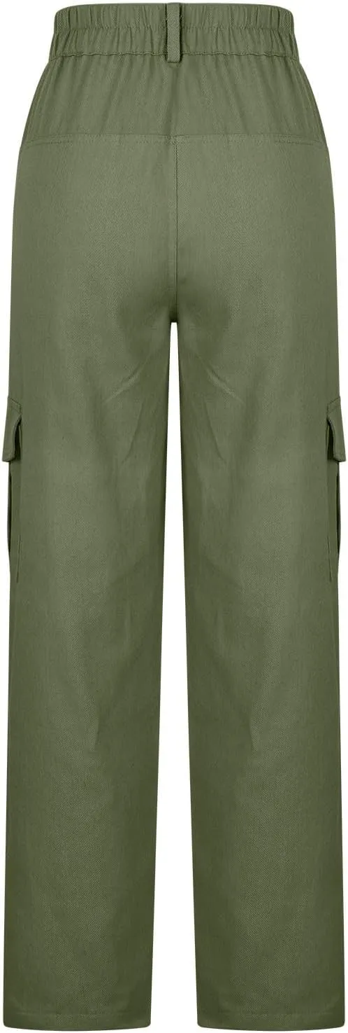 High Waist Stretch Cargo Pants for Women Baggy Multiple Pockets Relaxed Fit Trousers Straight Wide Leg Y2K Streetwear