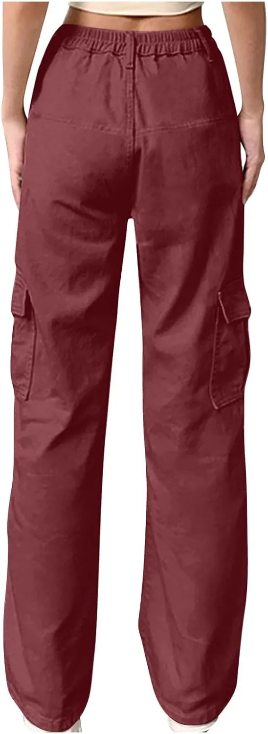 High Waist Stretch Cargo Pants for Women Baggy Multiple Pockets Relaxed Fit Trousers Straight Wide Leg Y2K Streetwear