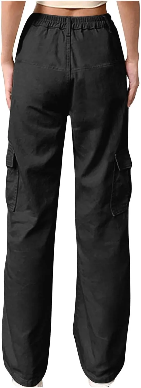 High Waist Stretch Cargo Pants for Women Baggy Multiple Pockets Relaxed Fit Trousers Straight Wide Leg Y2K Streetwear