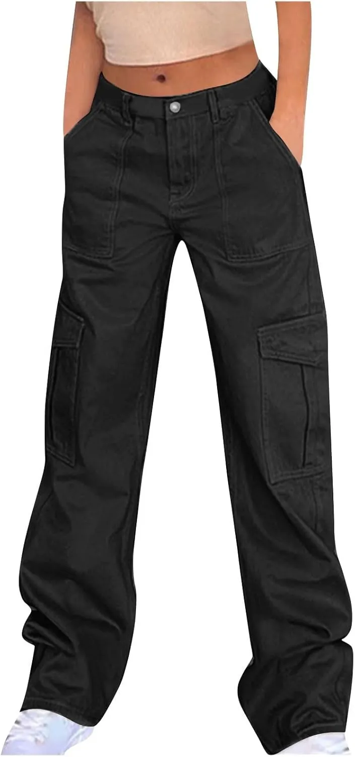 High Waist Stretch Cargo Pants for Women Baggy Multiple Pockets Relaxed Fit Trousers Straight Wide Leg Y2K Streetwear
