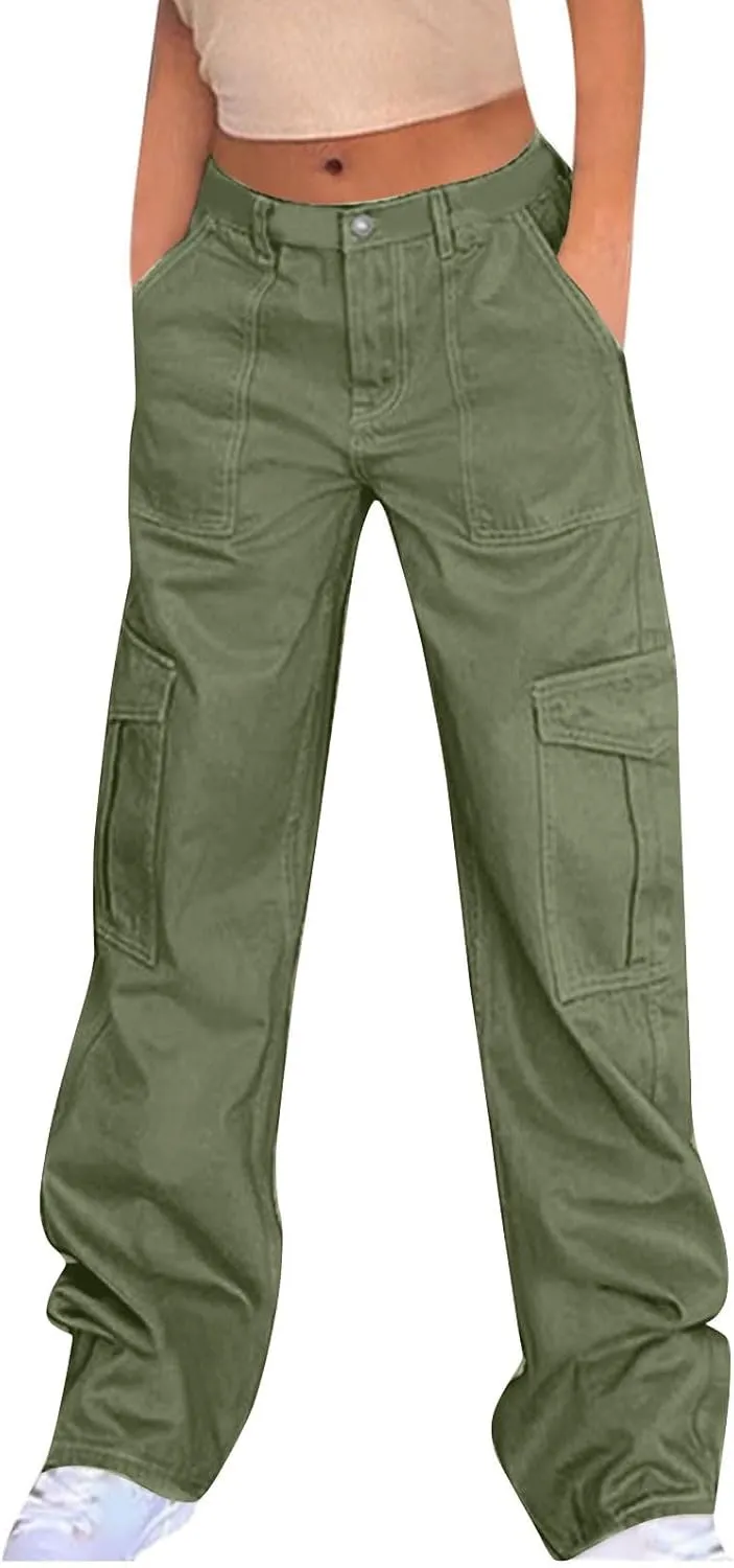 High Waist Stretch Cargo Pants for Women Baggy Multiple Pockets Relaxed Fit Trousers Straight Wide Leg Y2K Streetwear
