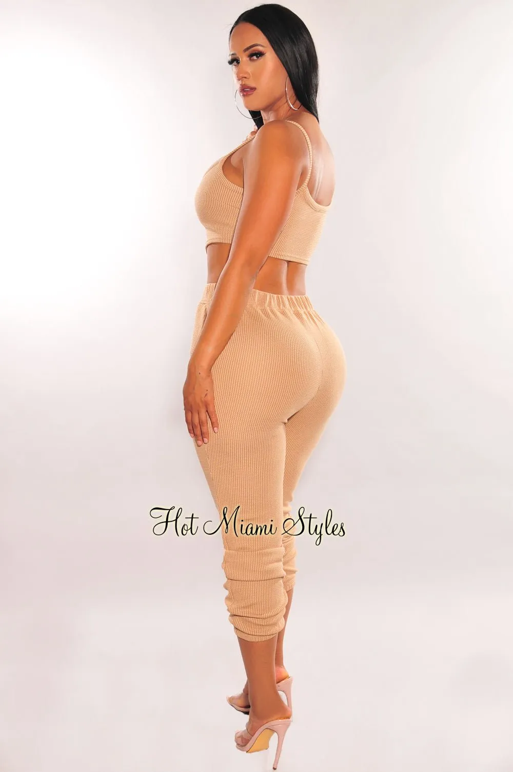 HMS Lounge: Mocha Textured Tank Joggers Pants Two Piece Set