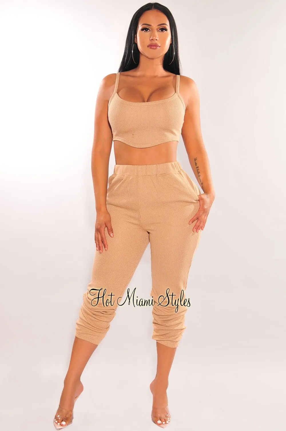 HMS Lounge: Mocha Textured Tank Joggers Pants Two Piece Set