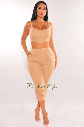 HMS Lounge: Mocha Textured Tank Joggers Pants Two Piece Set