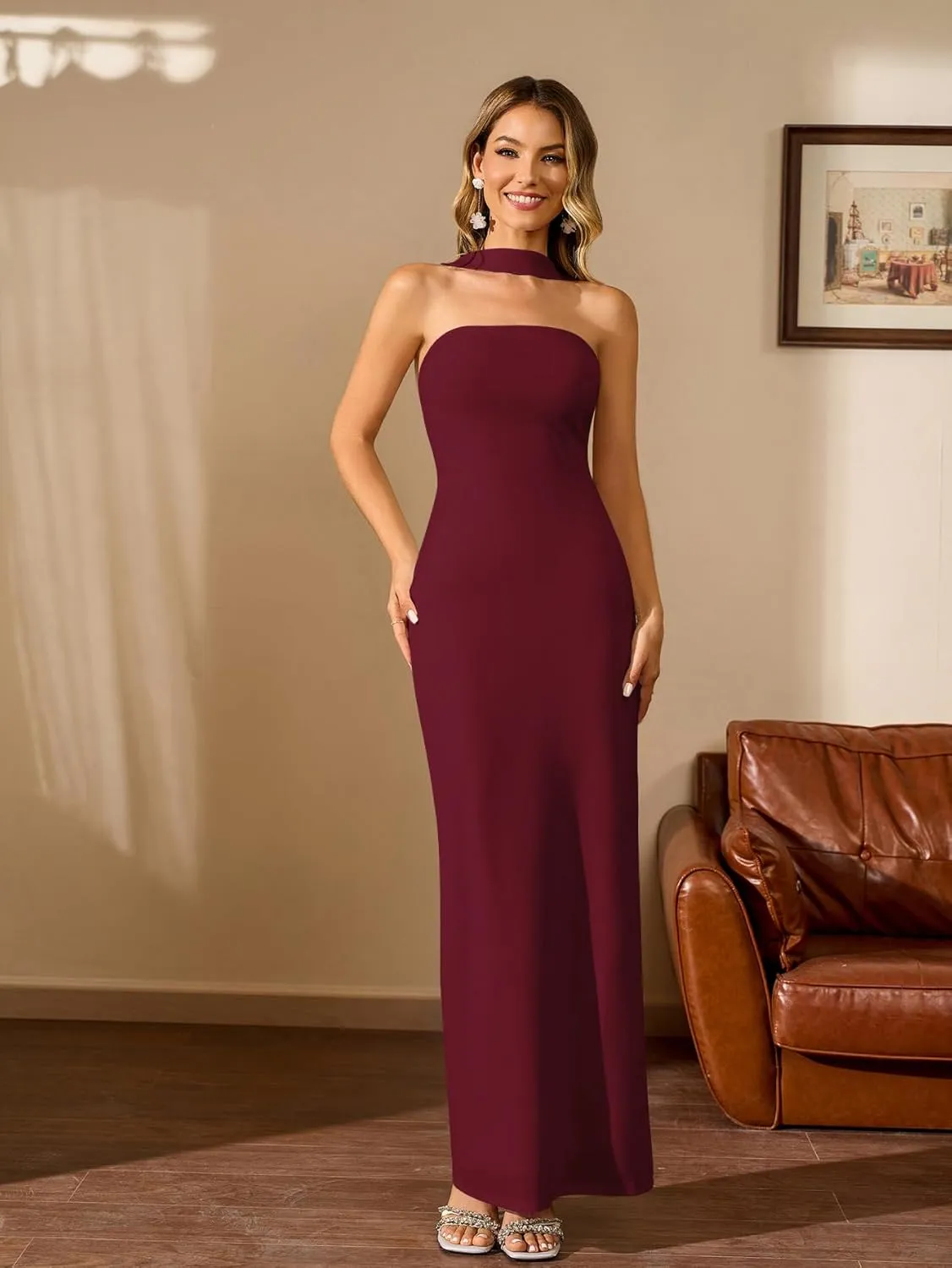 HTZMO Women Elegant Summer Bodycon Maxi Dress Halter Neck Formal Wedding Guest Cocktail Party Long Dresses
