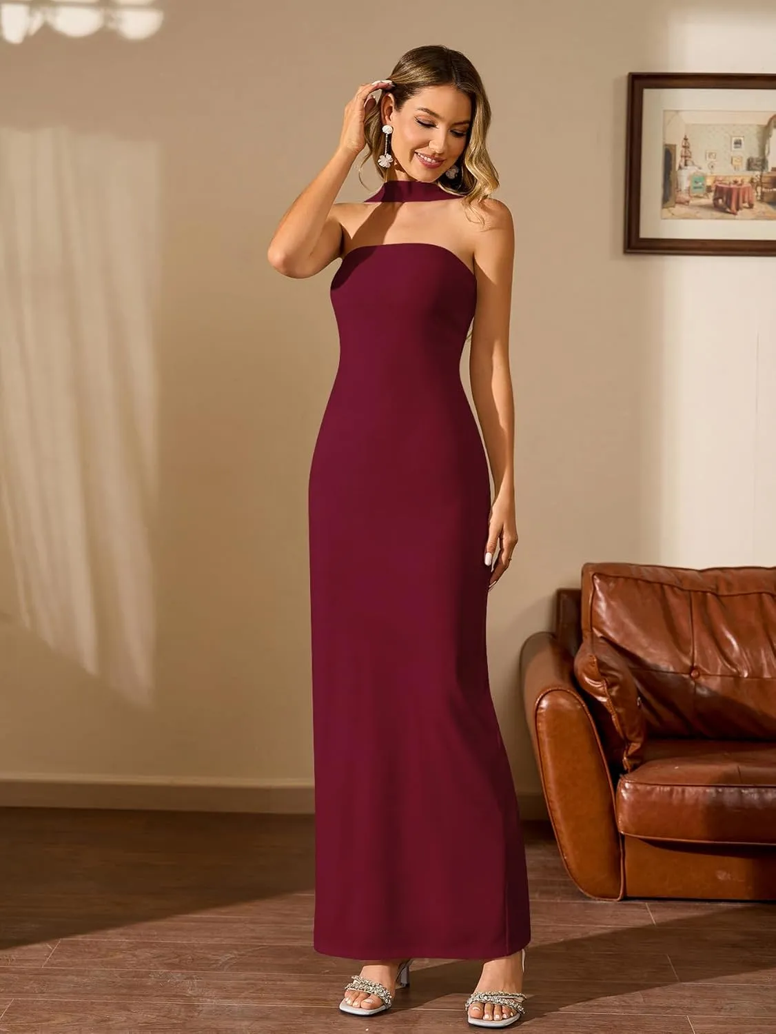 HTZMO Women Elegant Summer Bodycon Maxi Dress Halter Neck Formal Wedding Guest Cocktail Party Long Dresses