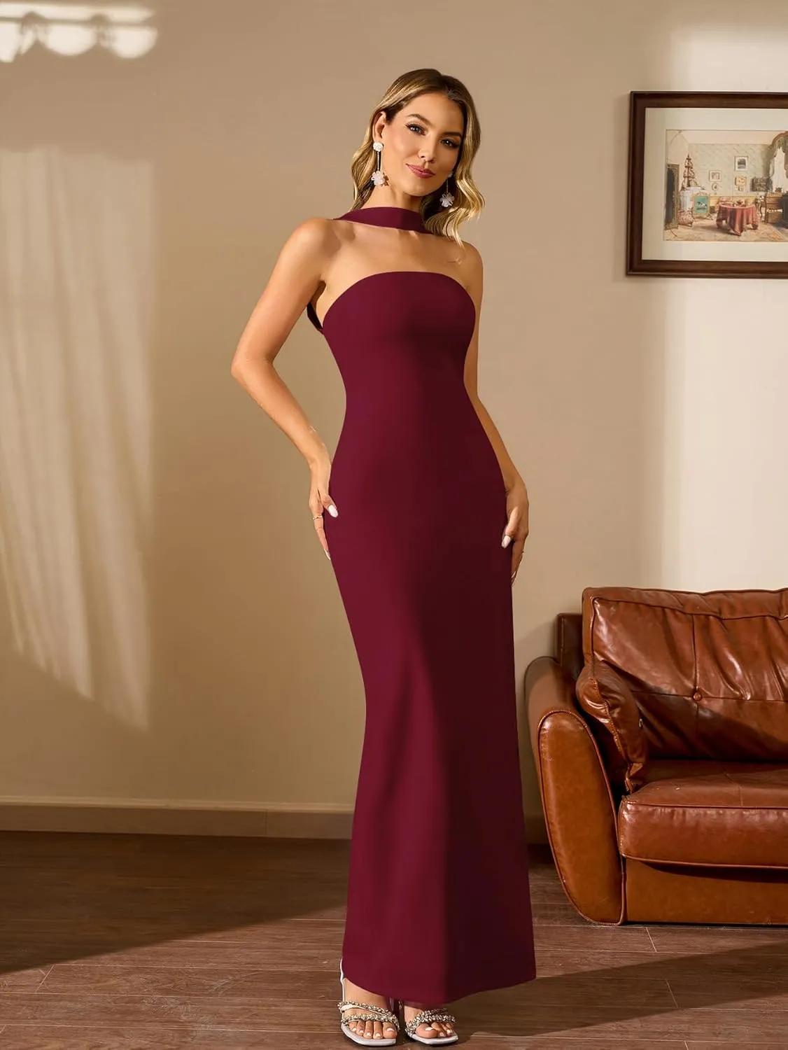 HTZMO Women Elegant Summer Bodycon Maxi Dress Halter Neck Formal Wedding Guest Cocktail Party Long Dresses