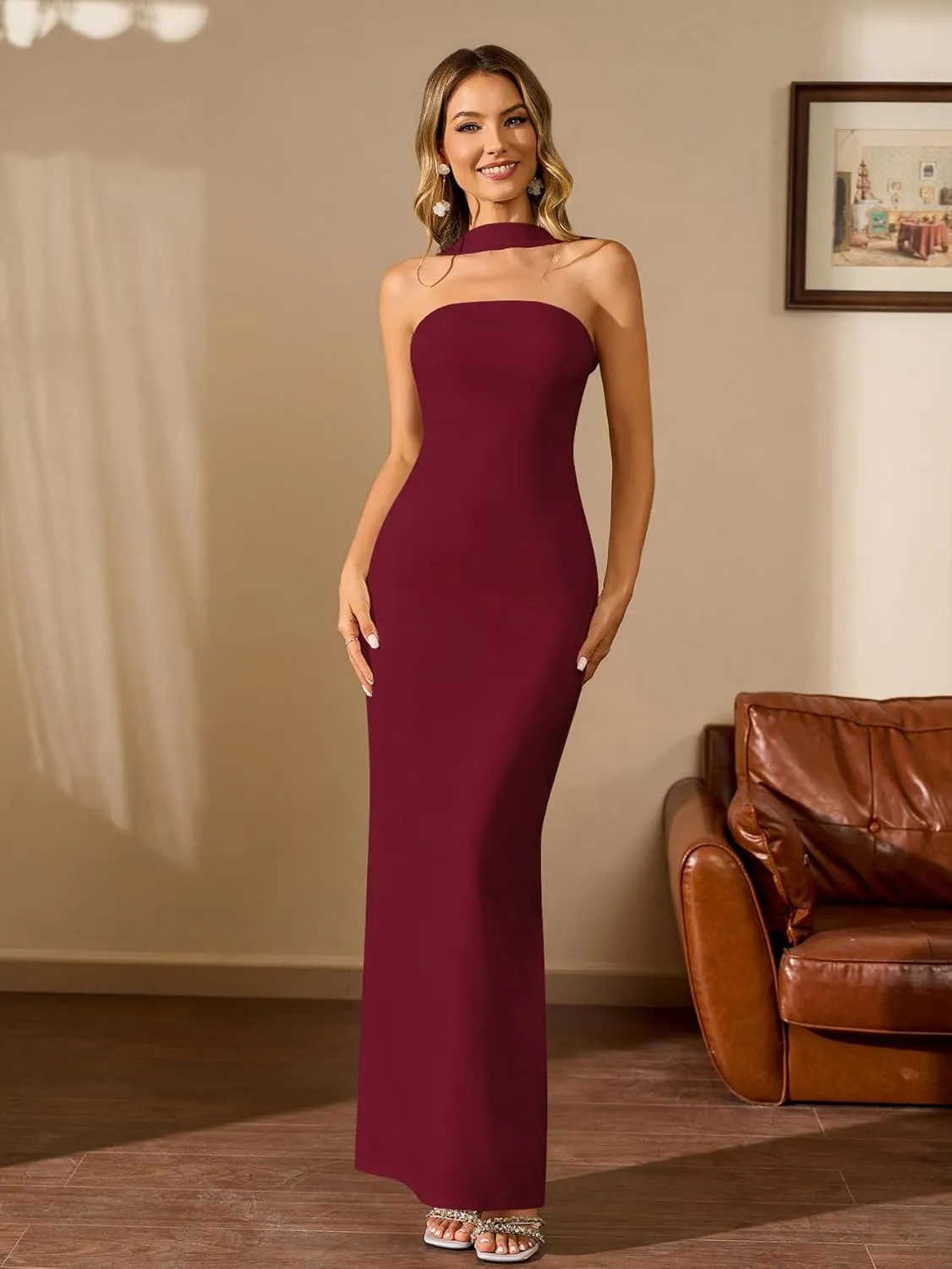 HTZMO Women Elegant Summer Bodycon Maxi Dress Halter Neck Formal Wedding Guest Cocktail Party Long Dresses