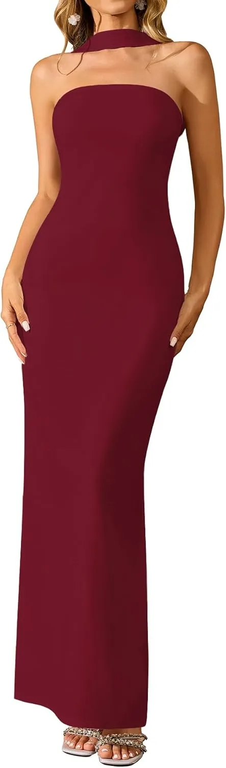 HTZMO Women Elegant Summer Bodycon Maxi Dress Halter Neck Formal Wedding Guest Cocktail Party Long Dresses