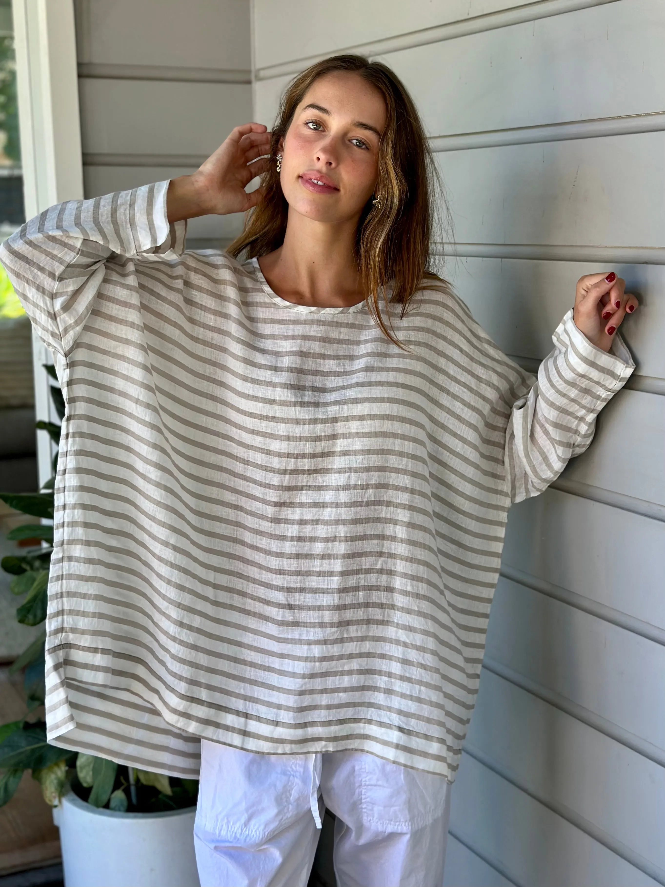 hunter top - small natural stripe linen