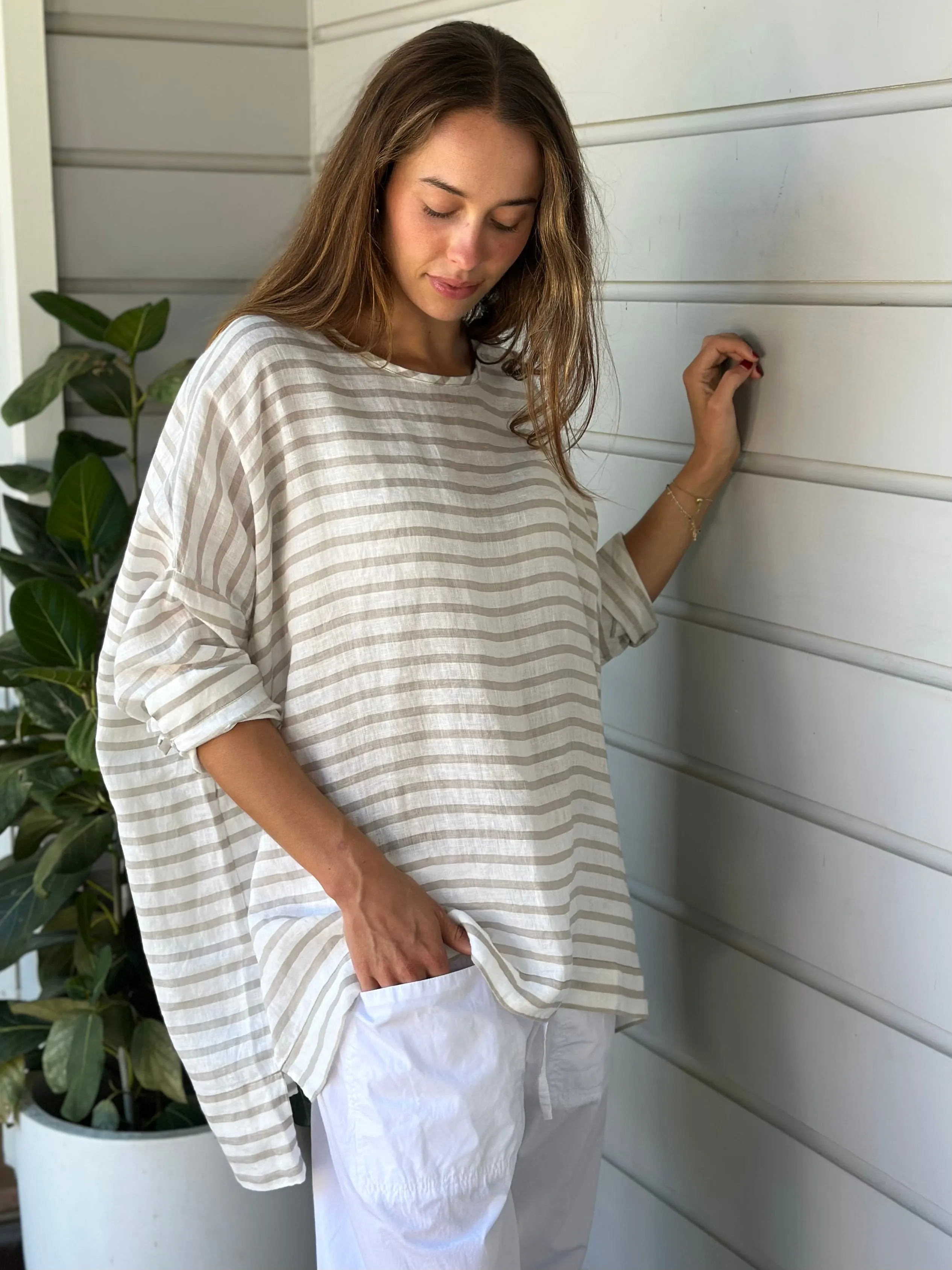 hunter top - small natural stripe linen