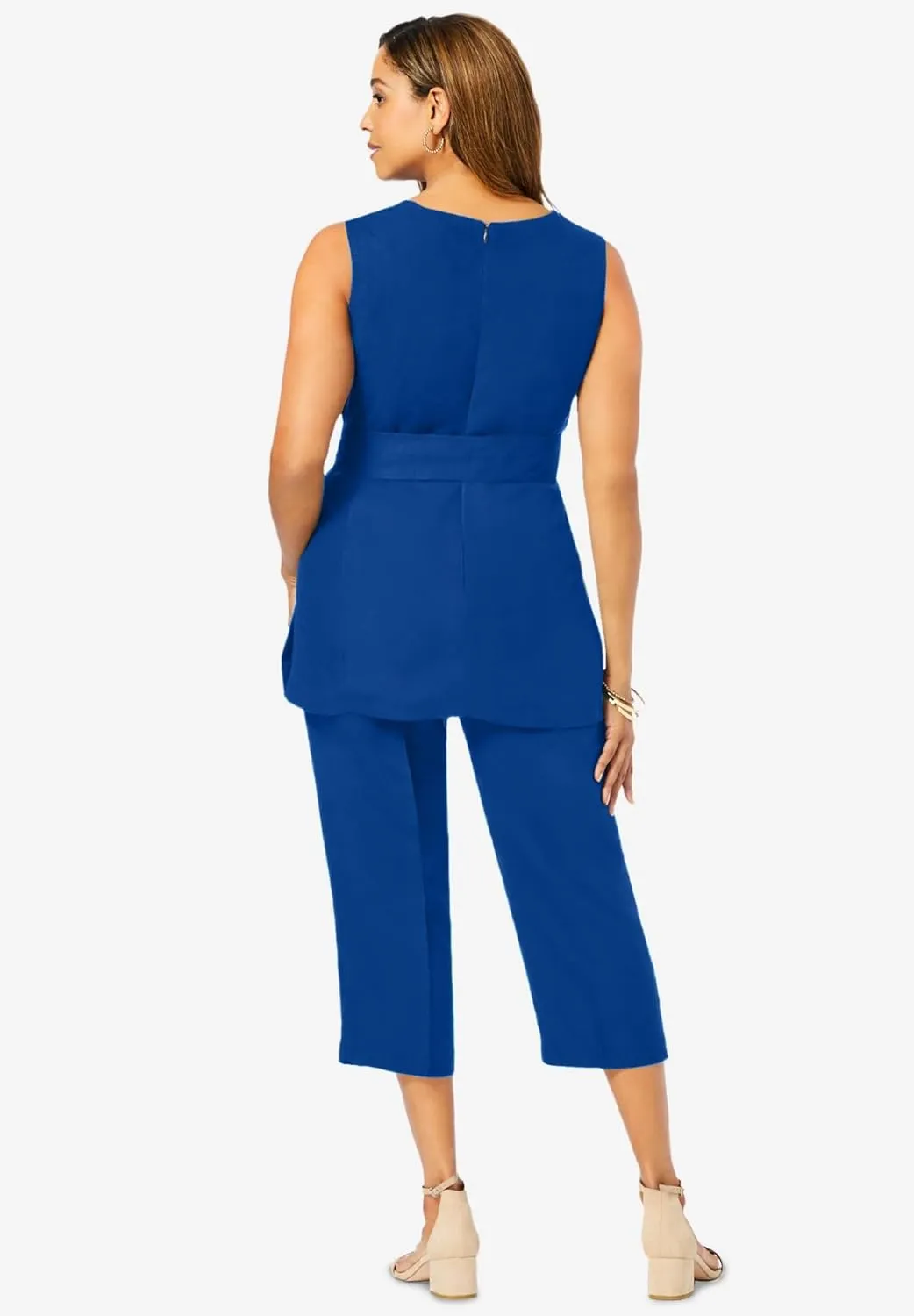 Jessica London Women's Plus Size Two Piece Sleeveless Tunic Top Capri Pants Linen Blend Set