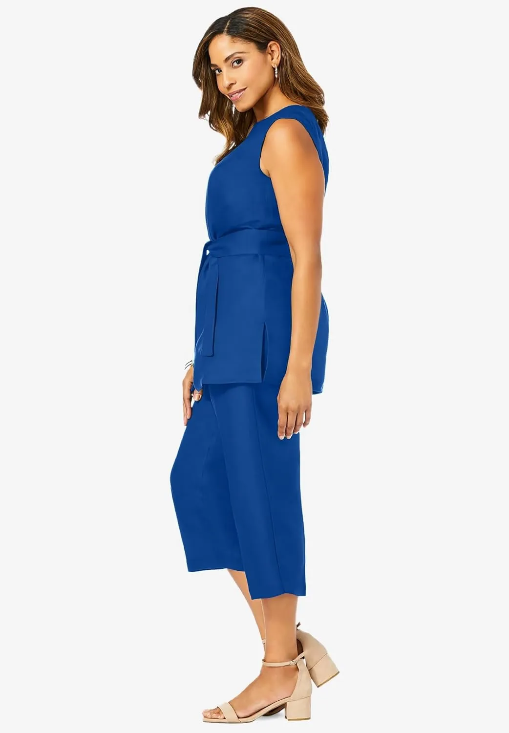 Jessica London Women's Plus Size Two Piece Sleeveless Tunic Top Capri Pants Linen Blend Set