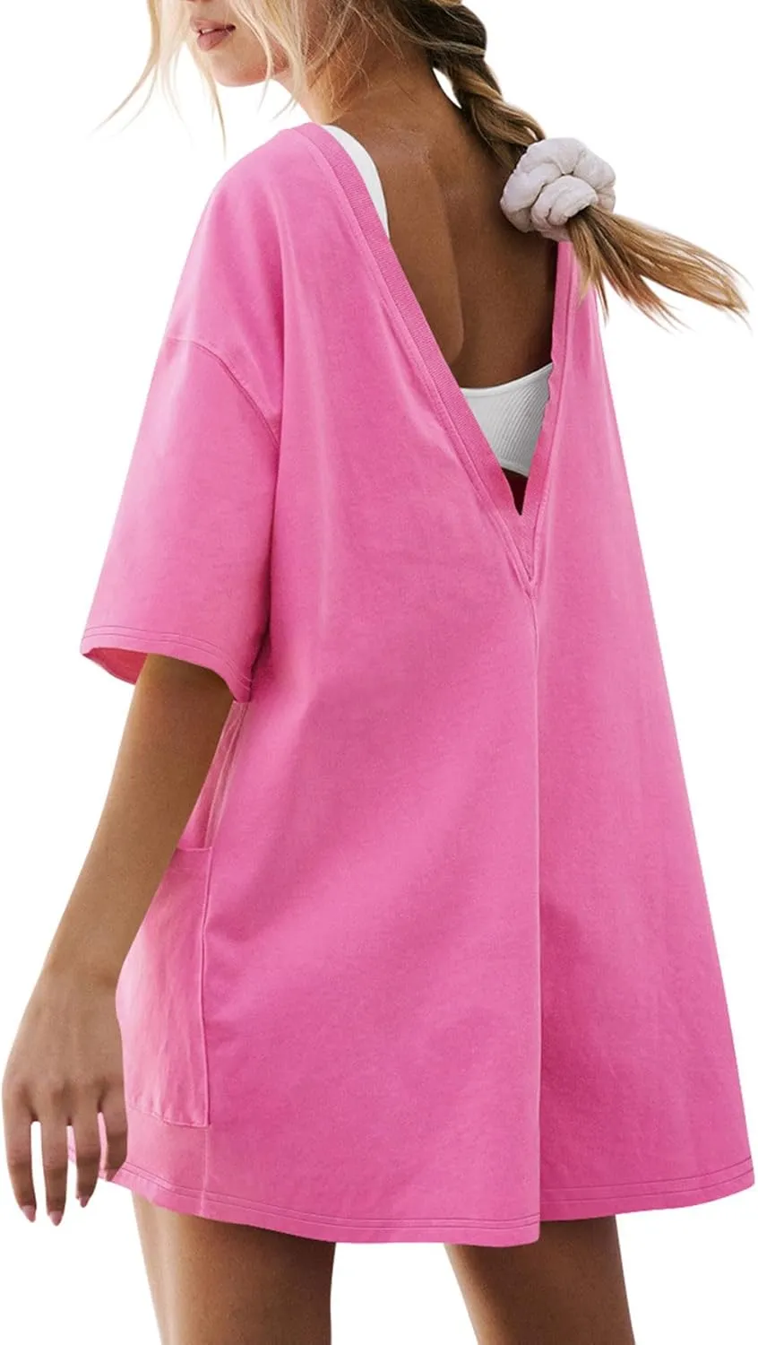 KT Women's Casual Oversized Romper with Short Sleeves, Deep Pockets, Reversible, Athletic Workout Hot Shot Tee