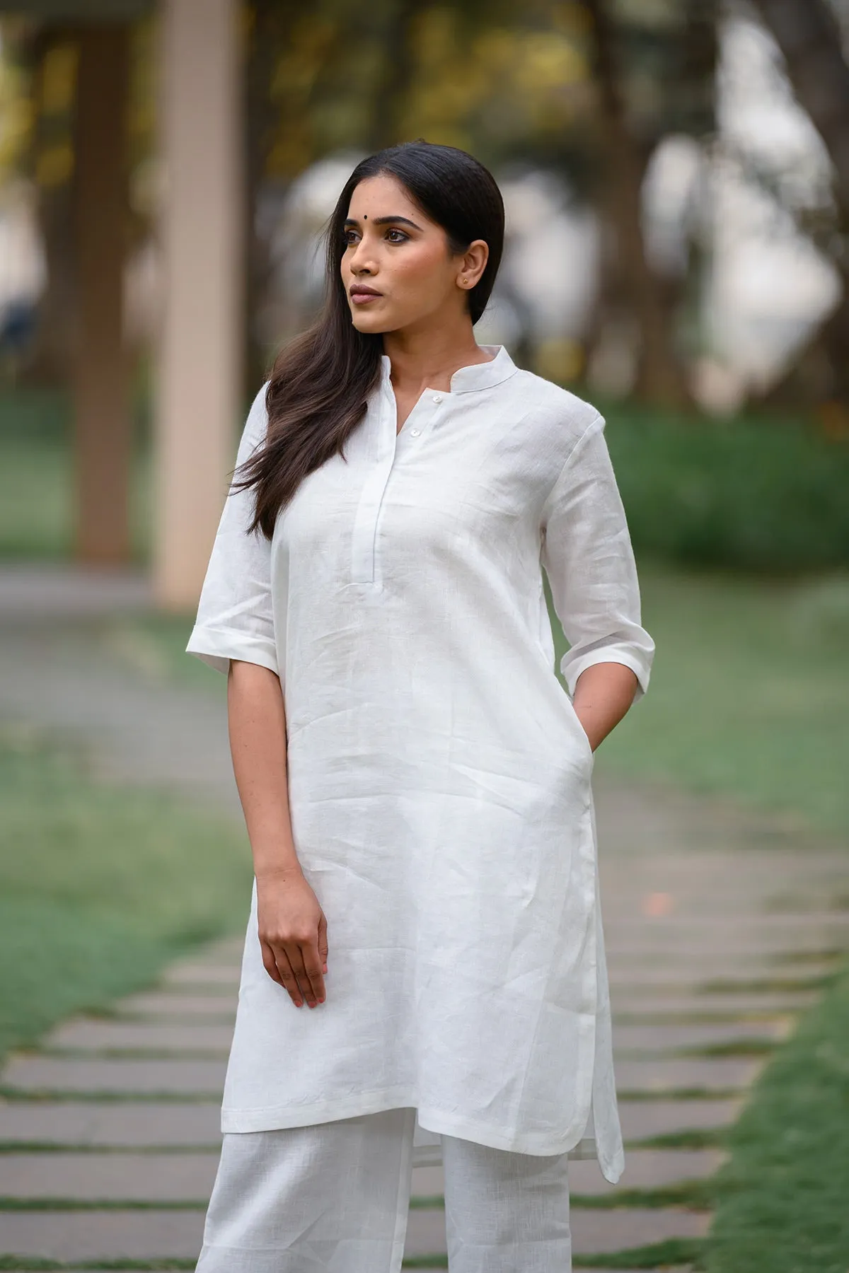 Lea Linen White Kurta and Pants - Set