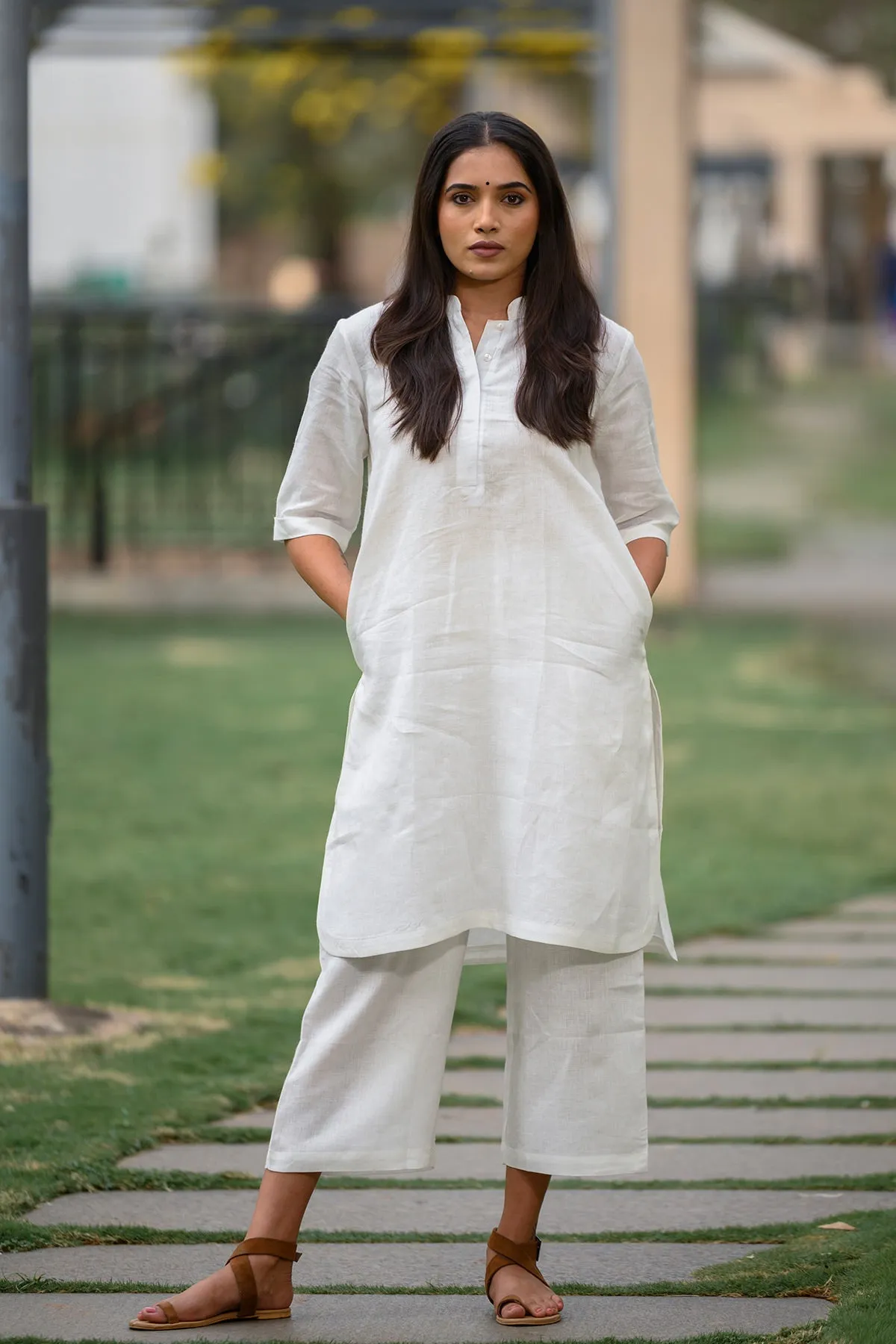 Lea Linen White Kurta and Pants - Set