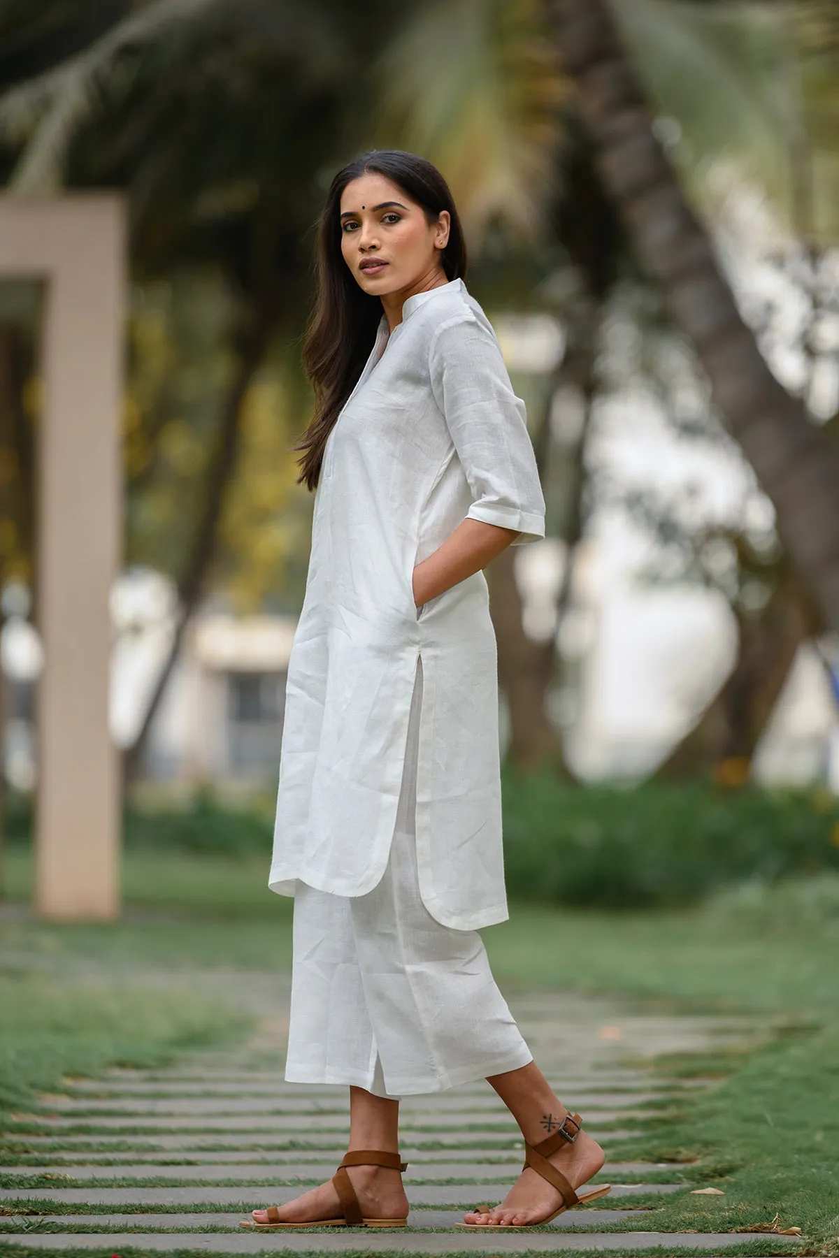 Lea Linen White Kurta and Pants - Set