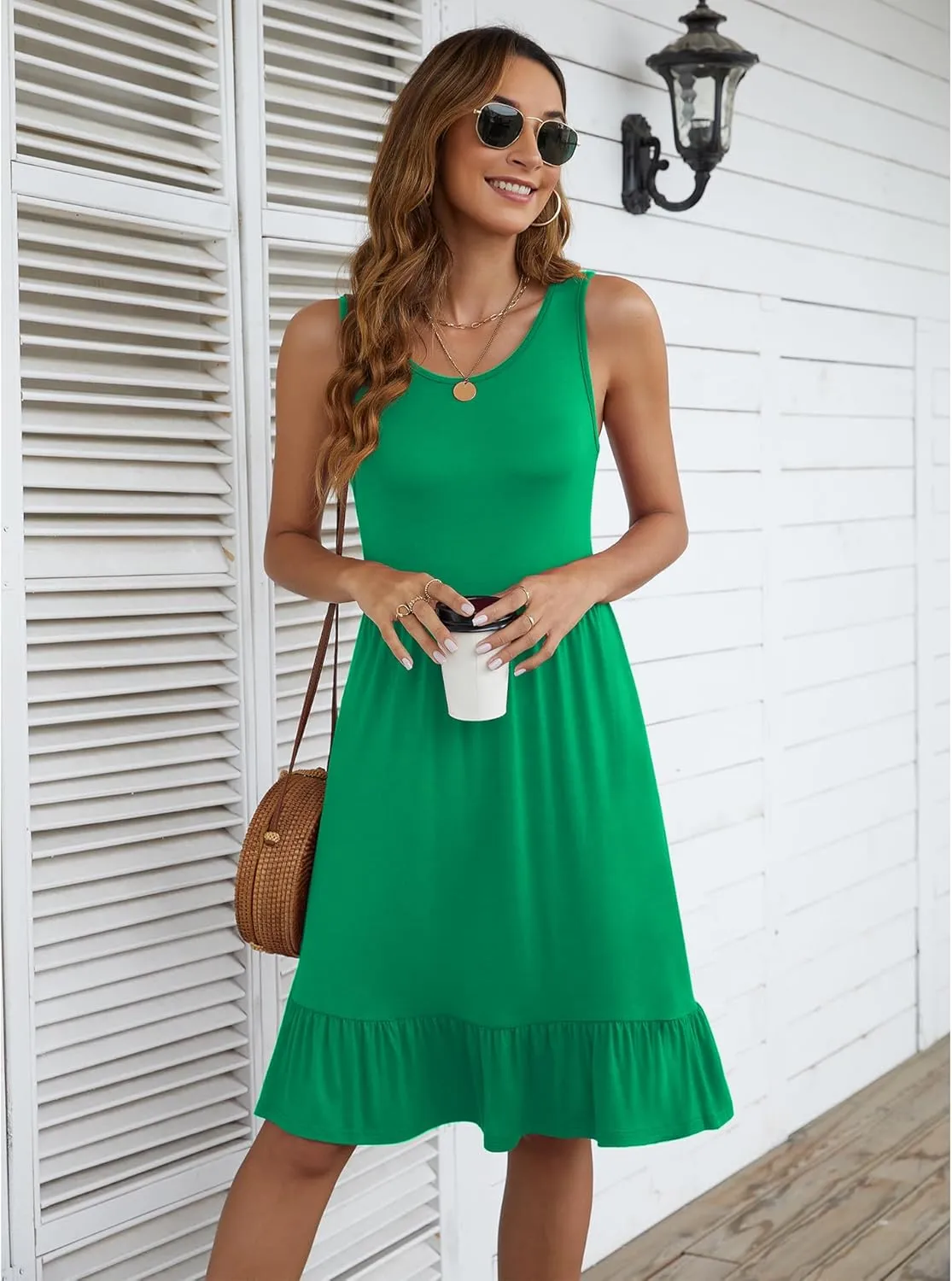 LILBETTER Women's Round Neck Summer Sundresses Casual Pleated Ruffle Hem Knee Length Sleeveless Tank Dress with Pockets