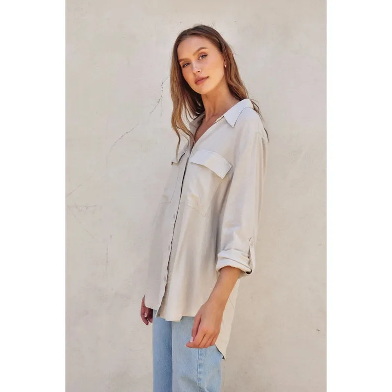 Linen Blend Relaxed Shirt   PEBBLE
