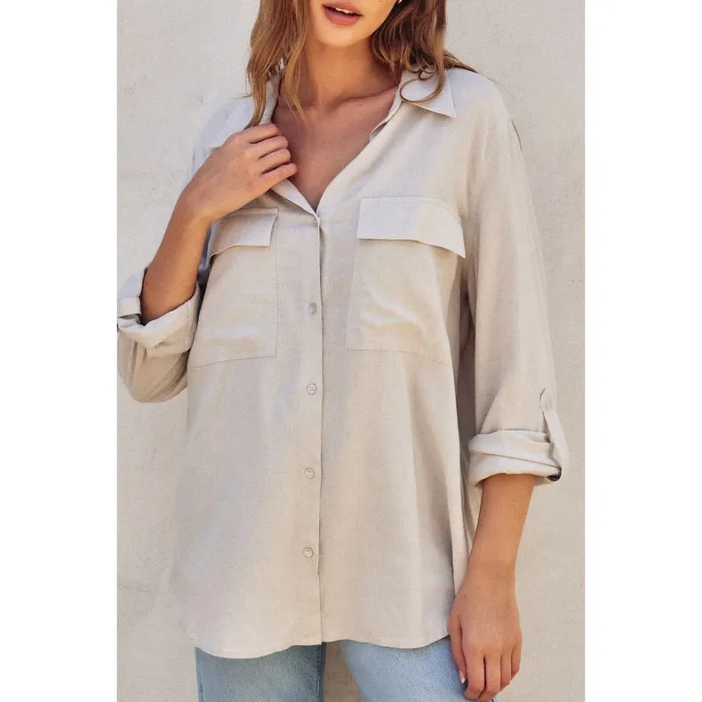 Linen Blend Relaxed Shirt   PEBBLE