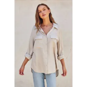 Linen Blend Relaxed Shirt   PEBBLE