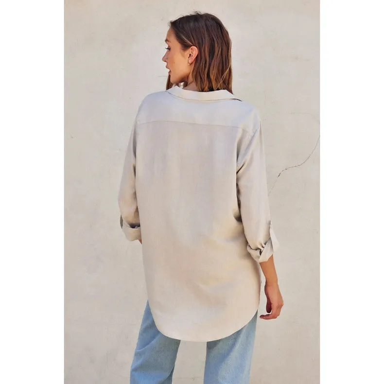 Linen Blend Relaxed Shirt   PEBBLE