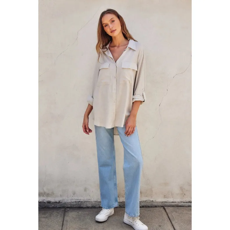 Linen Blend Relaxed Shirt   PEBBLE