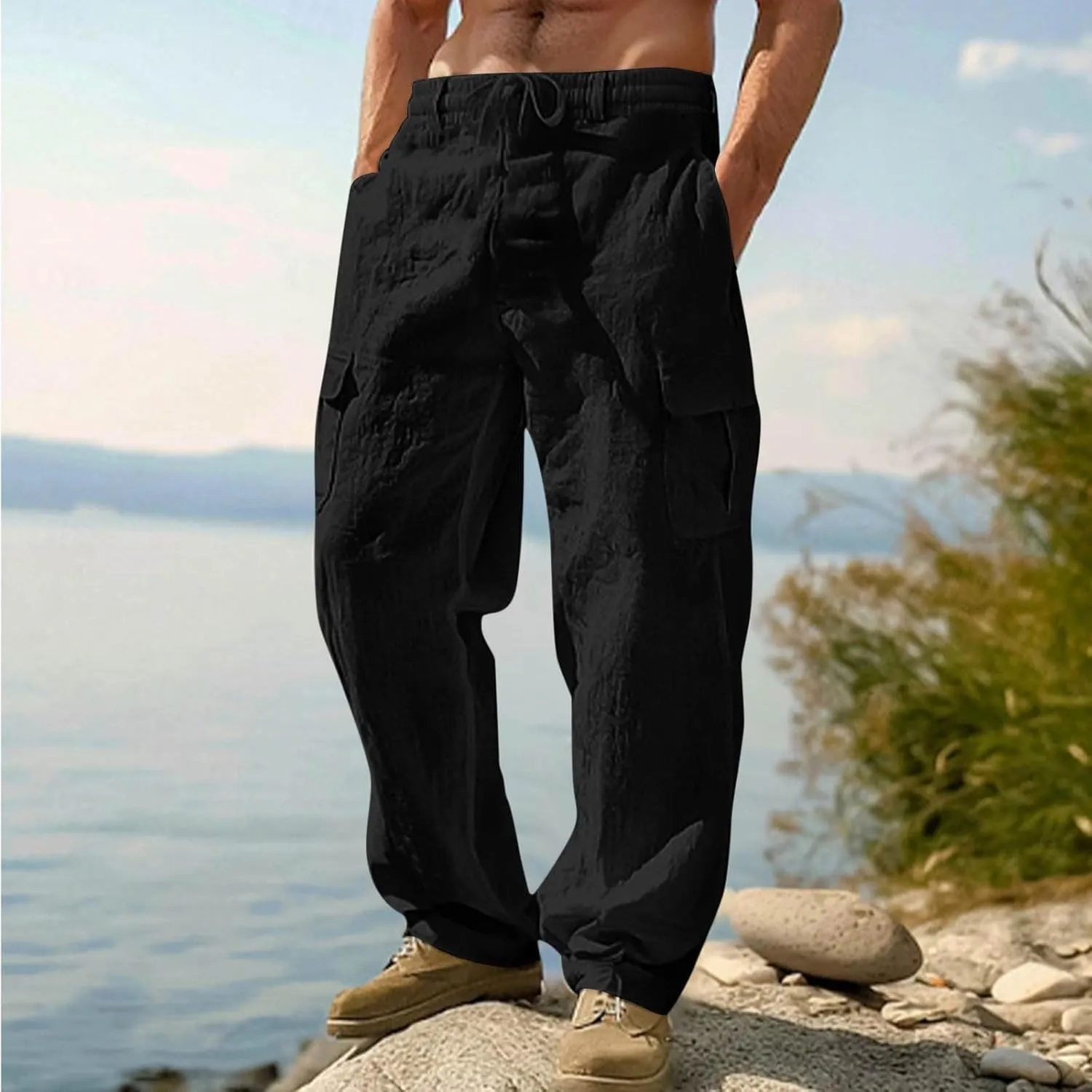 Linen Cargo Pants Men Baggy Casual Elastic Waist Beach Pant Relaxed Fit Straight Leg Sweatpants Trousers with Pockets