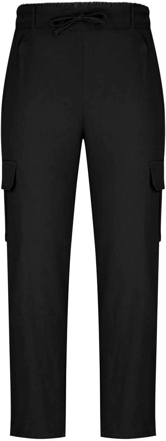Linen Cargo Pants Men Baggy Casual Elastic Waist Beach Pant Relaxed Fit Straight Leg Sweatpants Trousers with Pockets