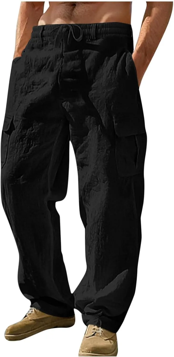 Linen Cargo Pants Men Baggy Casual Elastic Waist Beach Pant Relaxed Fit Straight Leg Trousers Sweatpants with Pockets