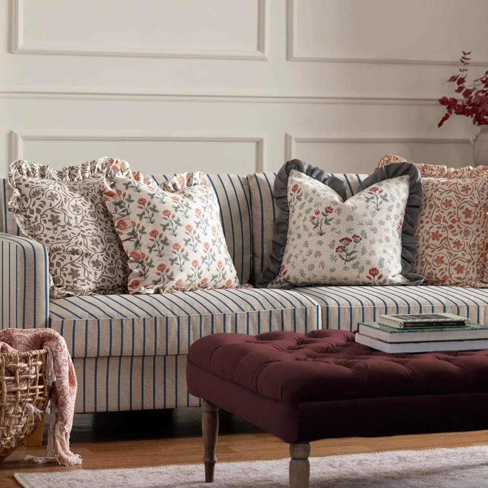 Linen Filigree Printed Ruffle Cushion Linen/Olive