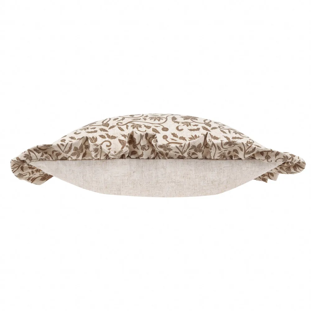 Linen Filigree Printed Ruffle Cushion Linen/Olive
