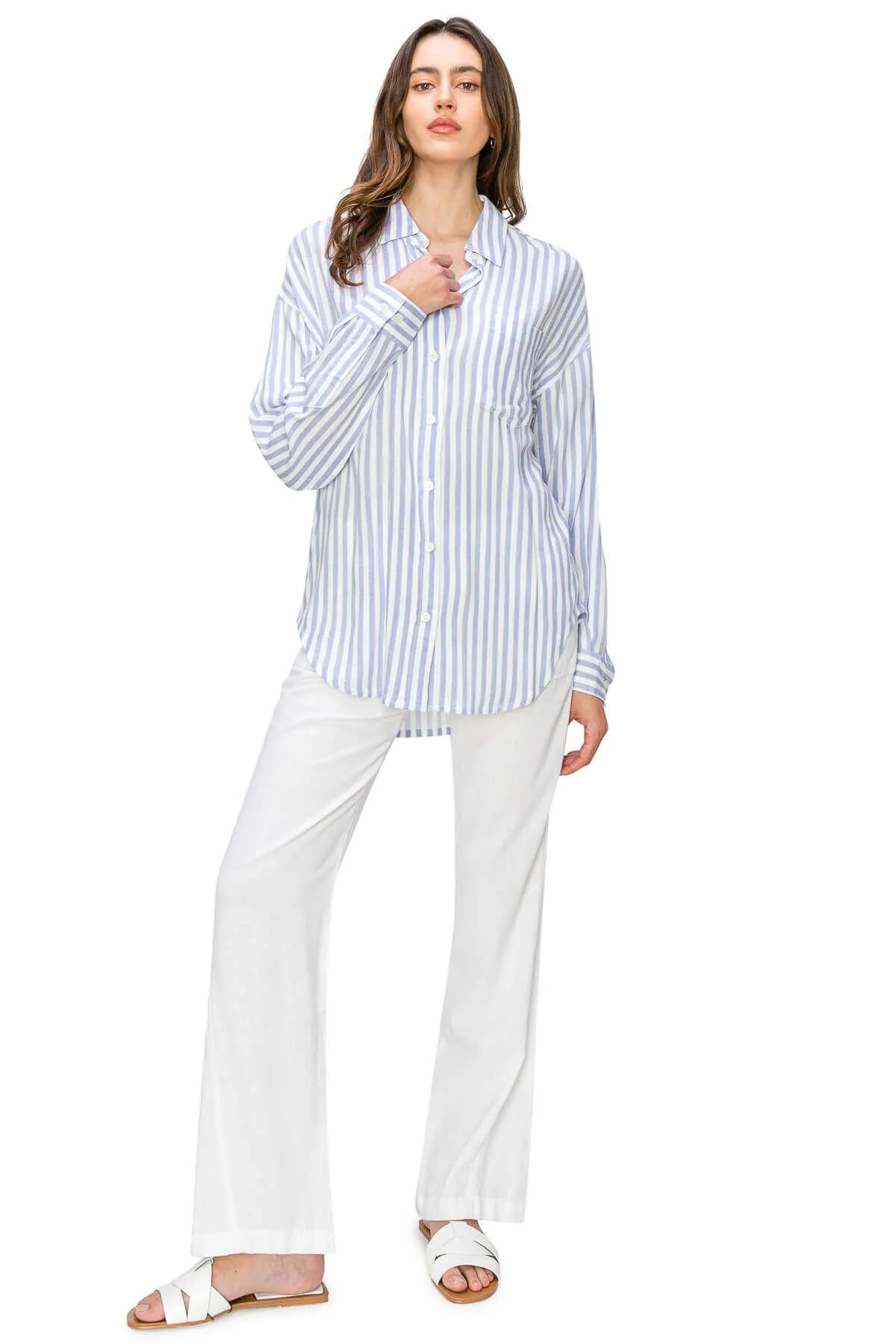 Linen-Like Relaxed Button Down Shirt - Blue Stripe