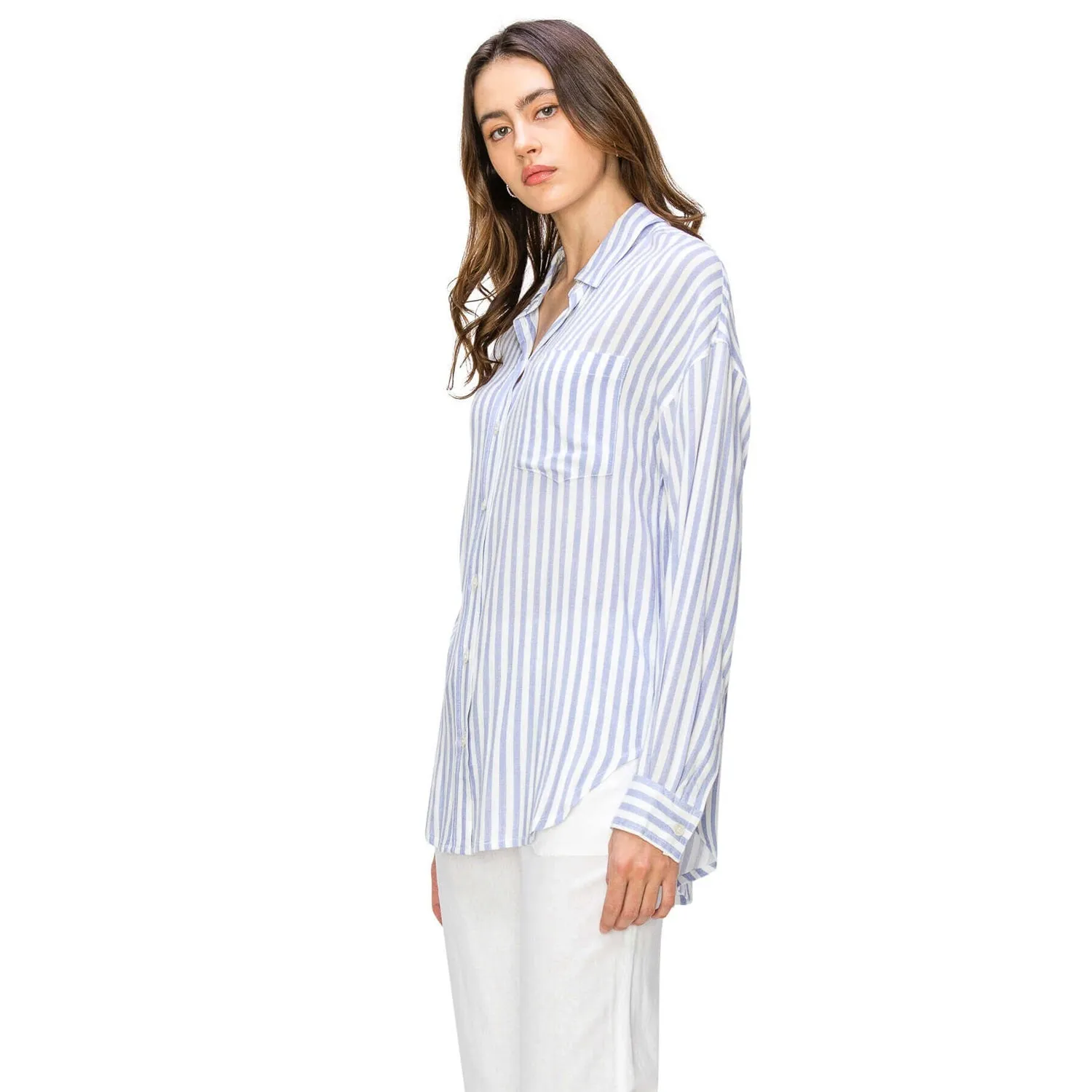 Linen-Like Relaxed Button Down Shirt - Blue Stripe