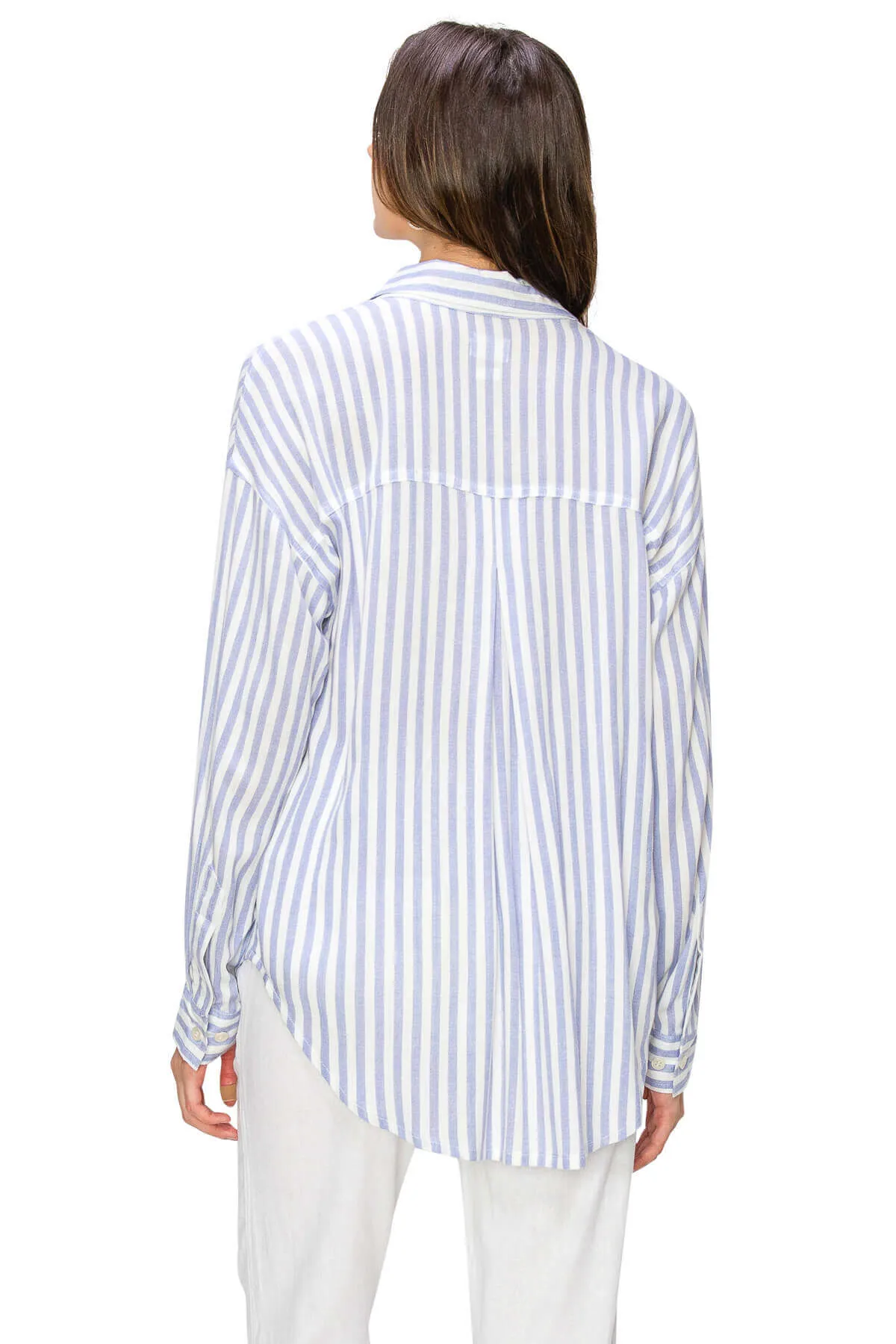 Linen-Like Relaxed Button Down Shirt - Blue Stripe