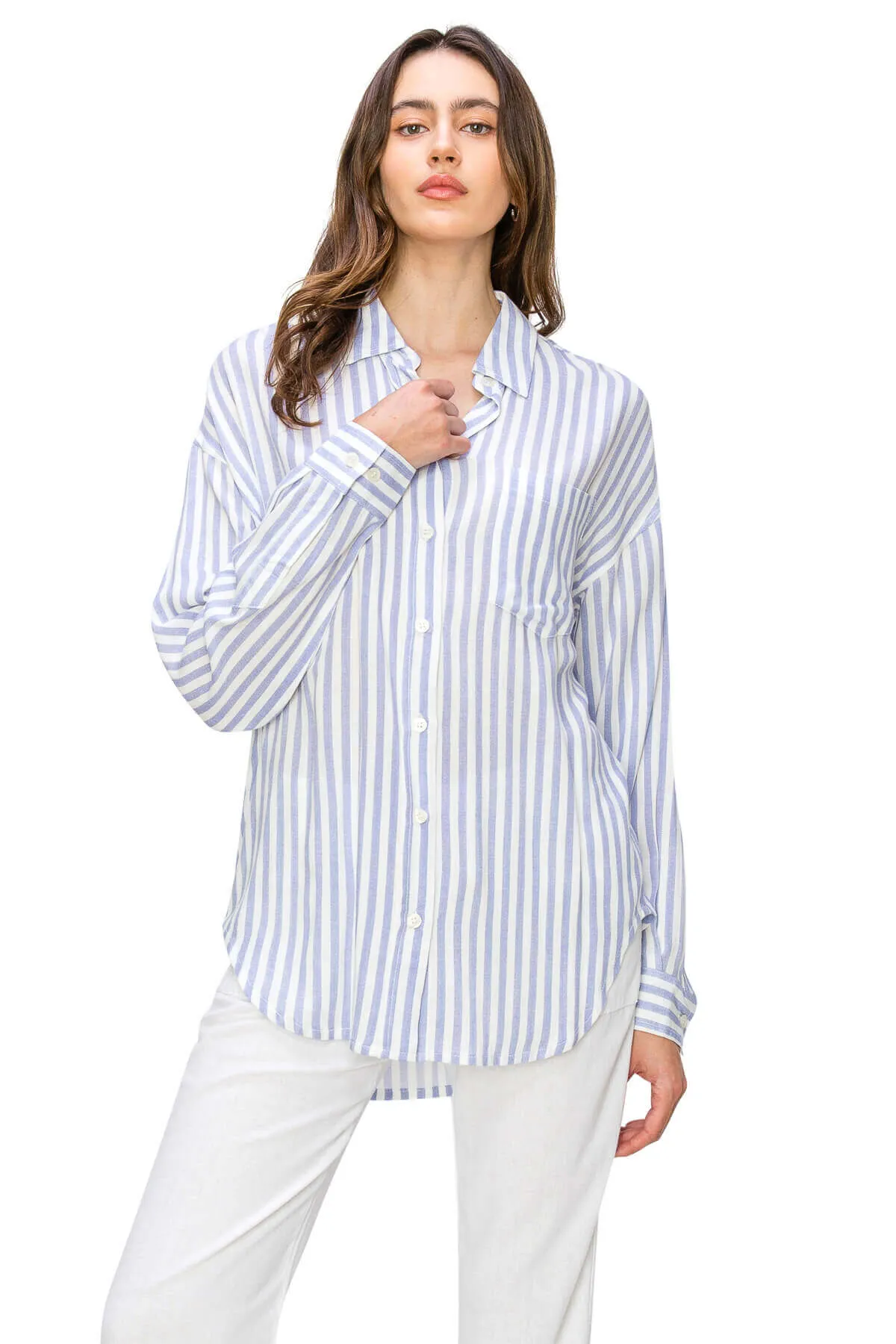 Linen-Like Relaxed Button Down Shirt - Blue Stripe