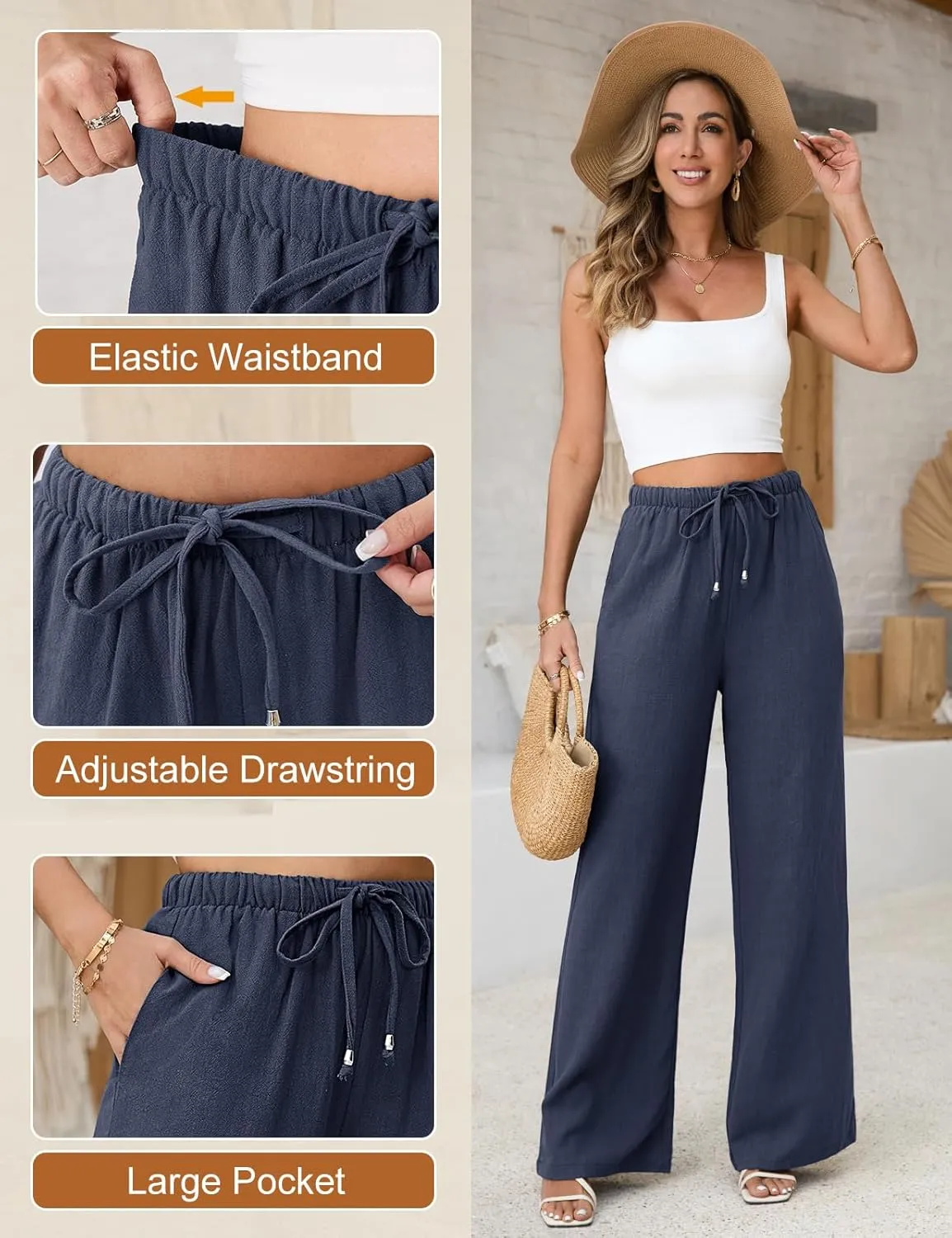 Linen Pants Women White Wide Leg Pants Summer Palazzo Pants Loose Flowy Beach Work Dress Black Pants Trousers 2025