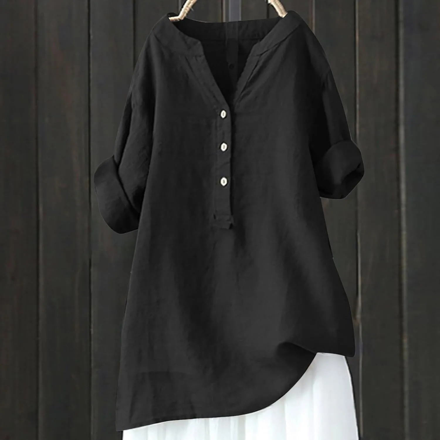 Linen Shirt for Women Short Sleeve V Neck Shirts Loose Fit Button Blouses Casual Solid Color Tops Breathable Summer Tee