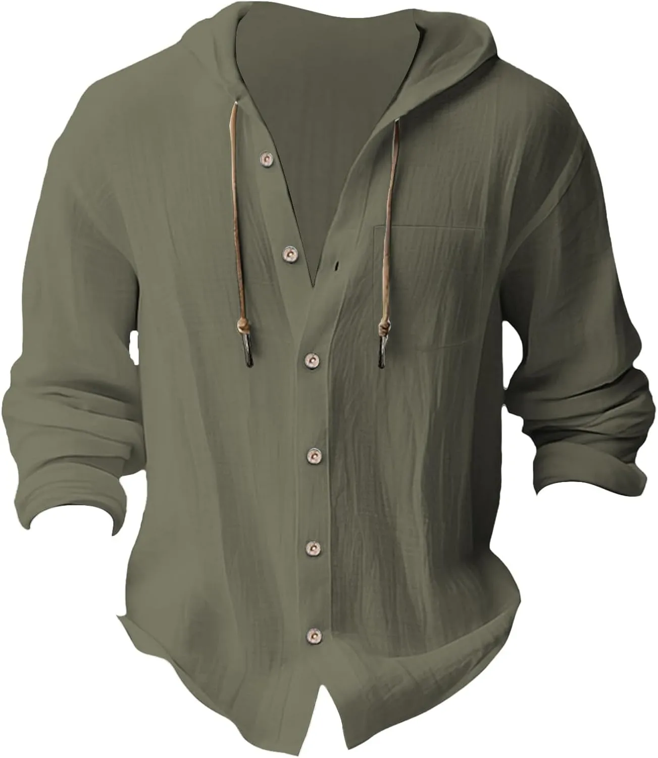 Linen Shirts for Men Lightweight Drawstring Button Shirts Casual Long Sleeve Breathable Summer Beach Tops with Hood