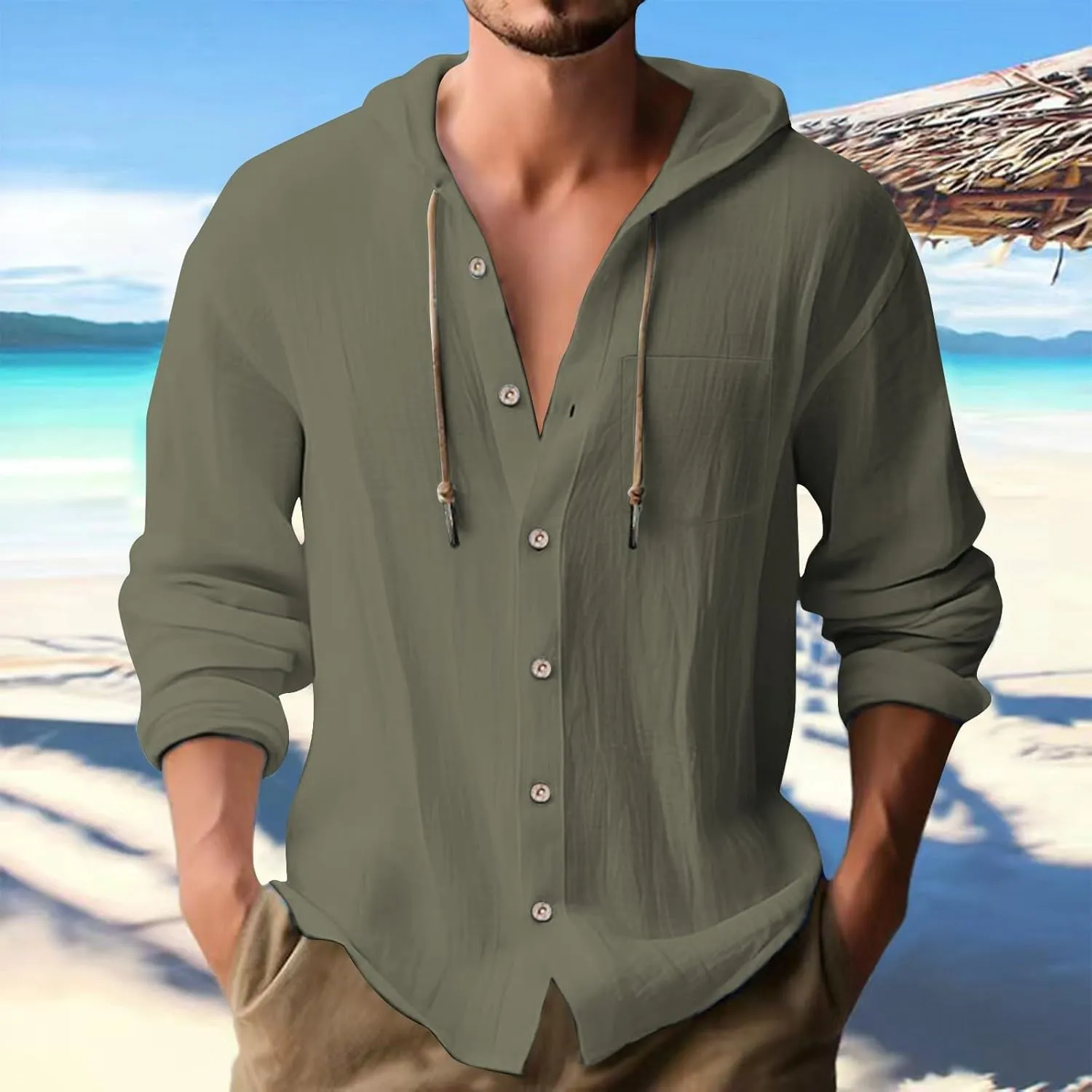 Linen Shirts for Men Lightweight Drawstring Button Shirts Casual Long Sleeve Breathable Summer Beach Tops with Hood