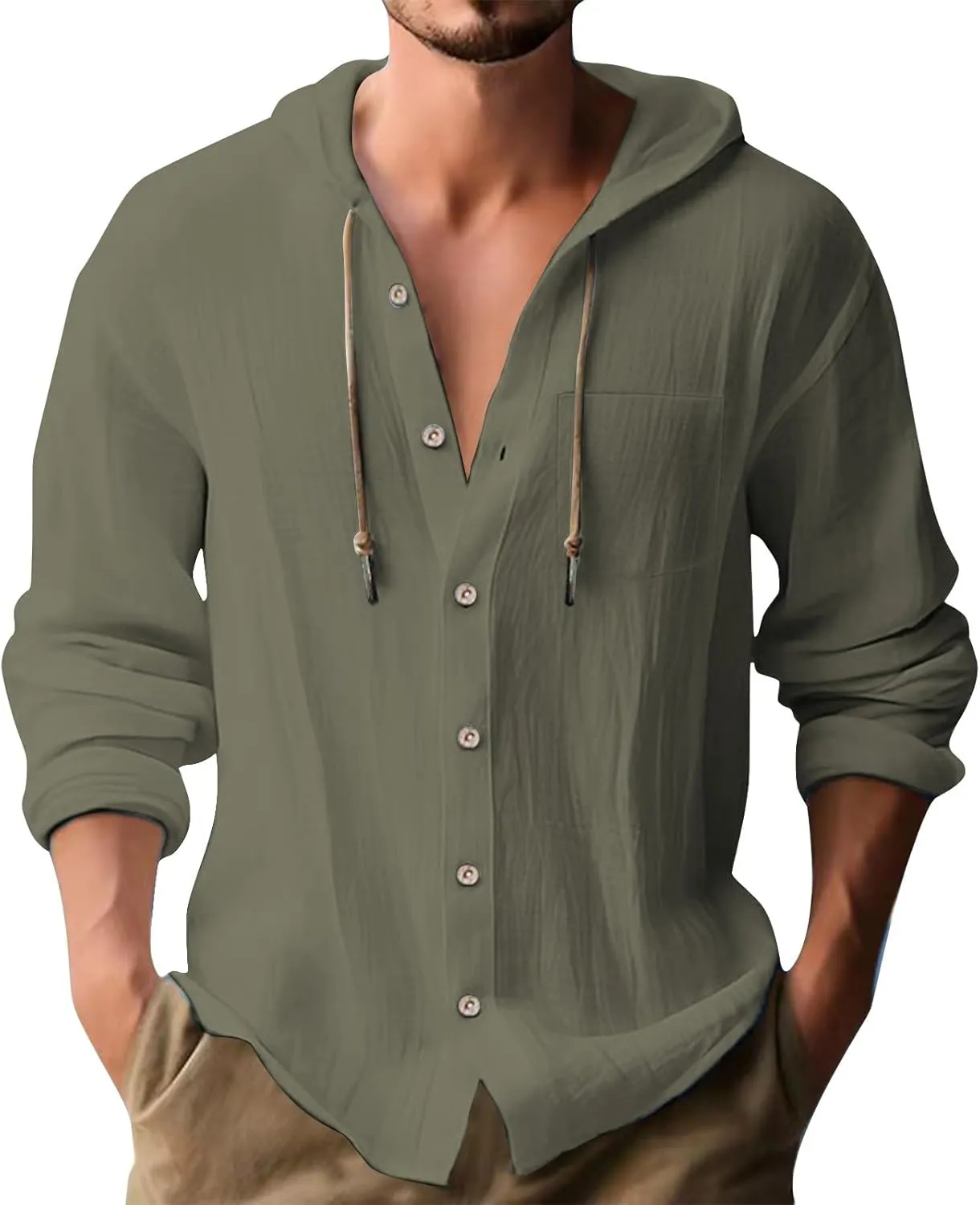 Linen Shirts for Men Lightweight Drawstring Button Shirts Casual Long Sleeve Breathable Summer Beach Tops with Hood