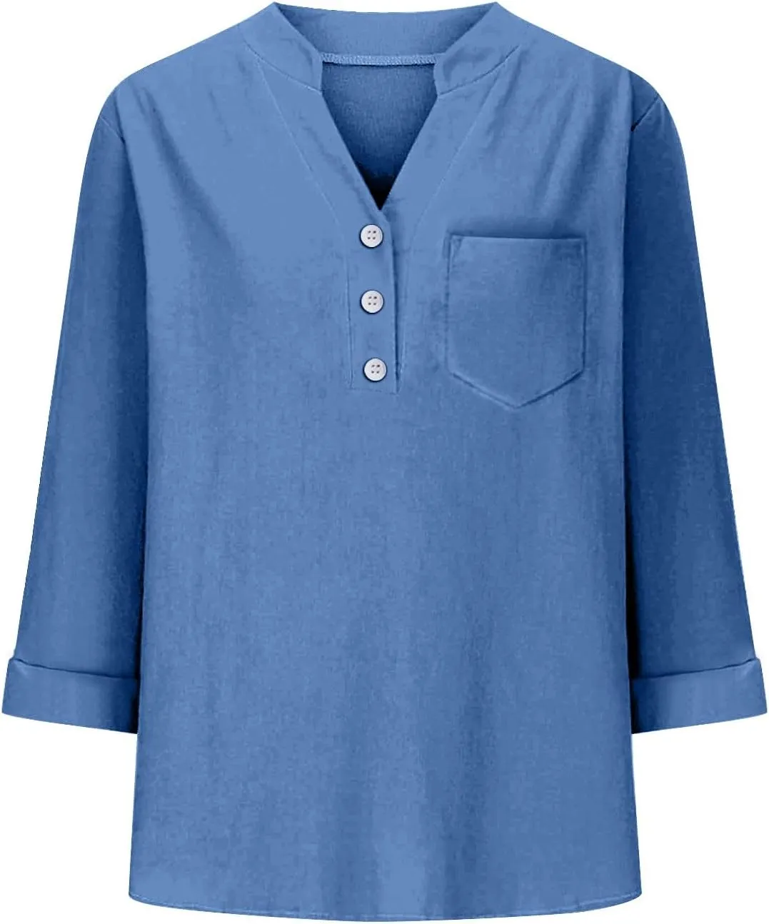 Linen Shirts for Women 3/4 Sleeve Button Down V-Neck Tops with Chest Pocket Summer Breathable Lightweight Beach Shirts